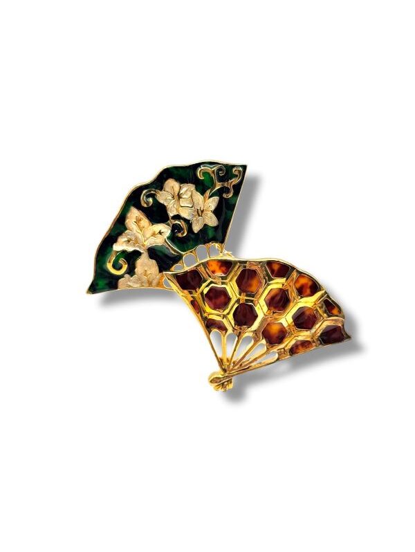 spilla gioiello ventaglio dorato doppio